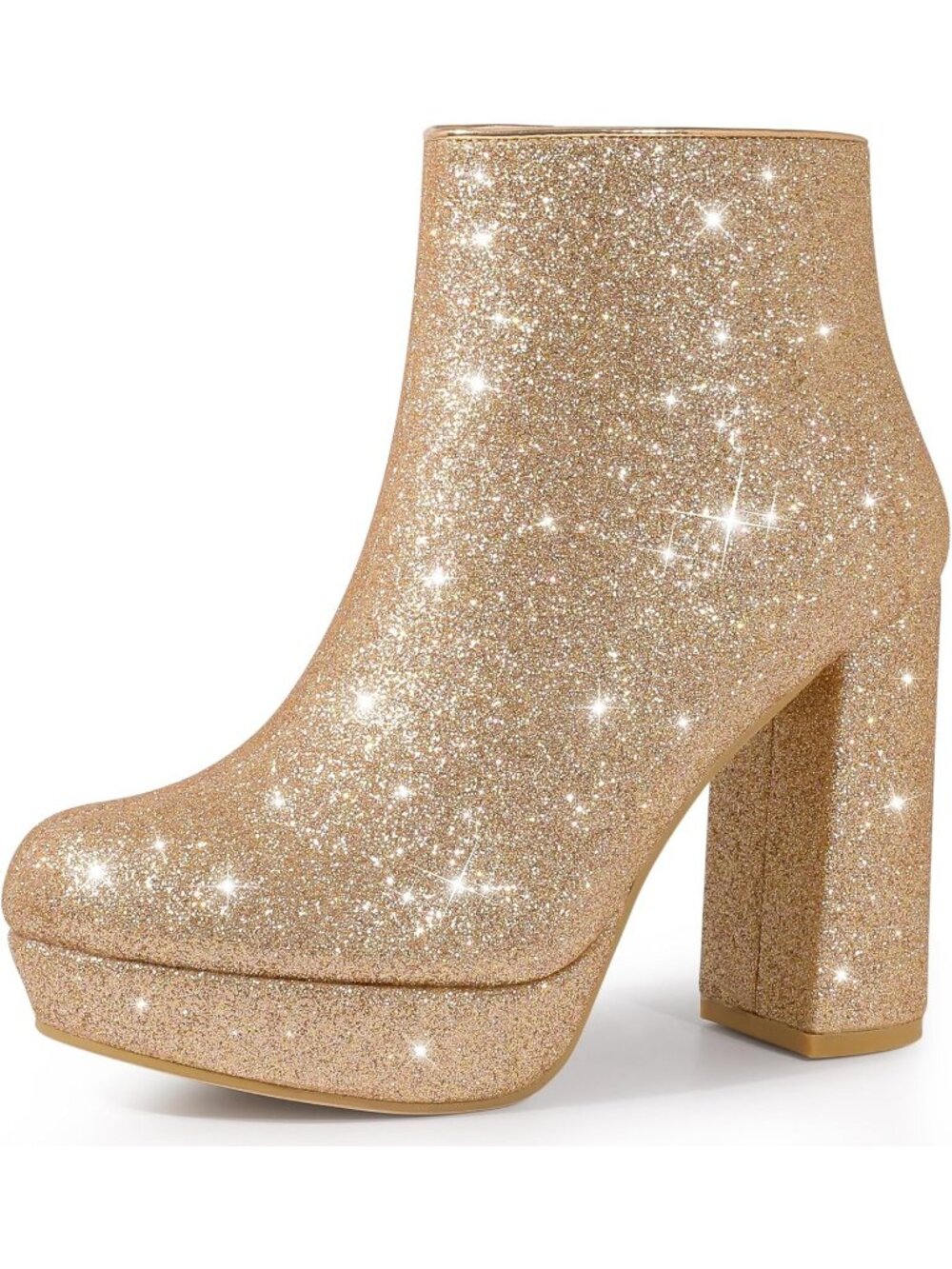 Women's Rose Gold Glitter Platform Round Toe Chunky Heels Side Zip Ankle Boots